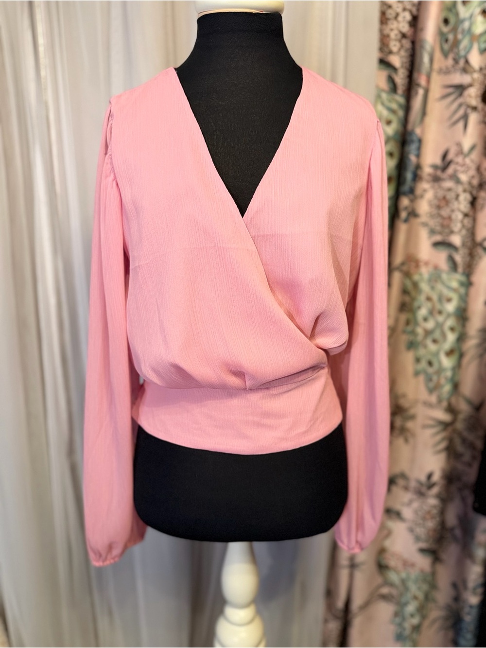 Express Pink Surplice Wrap Blouse Size M Sheer Sleeves Tie Back EUC